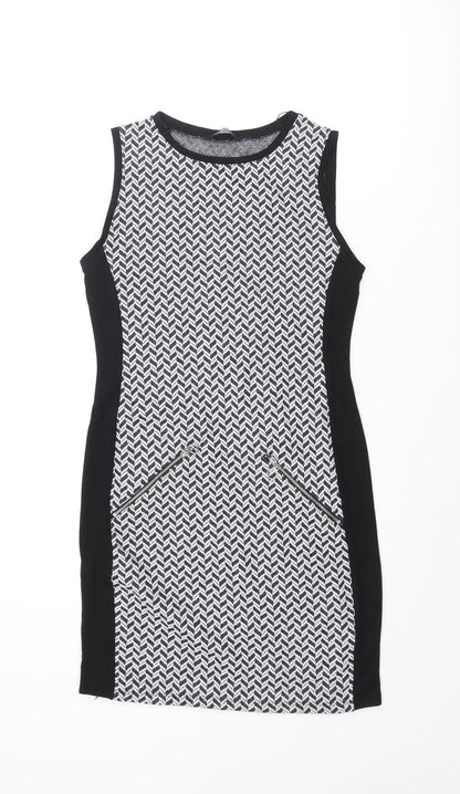 Select Womens Black Geometric Polyester Bodycon Size 10 Round Neck Pullover - Zip