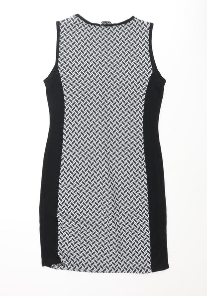 Select Womens Black Geometric Polyester Bodycon Size 10 Round Neck Pullover - Zip