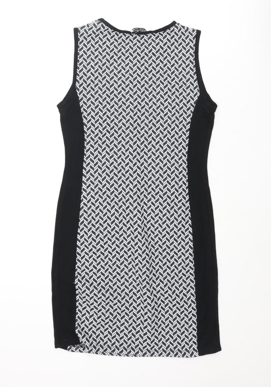 Select Womens Black Geometric Polyester Bodycon Size 10 Round Neck Pullover - Zip