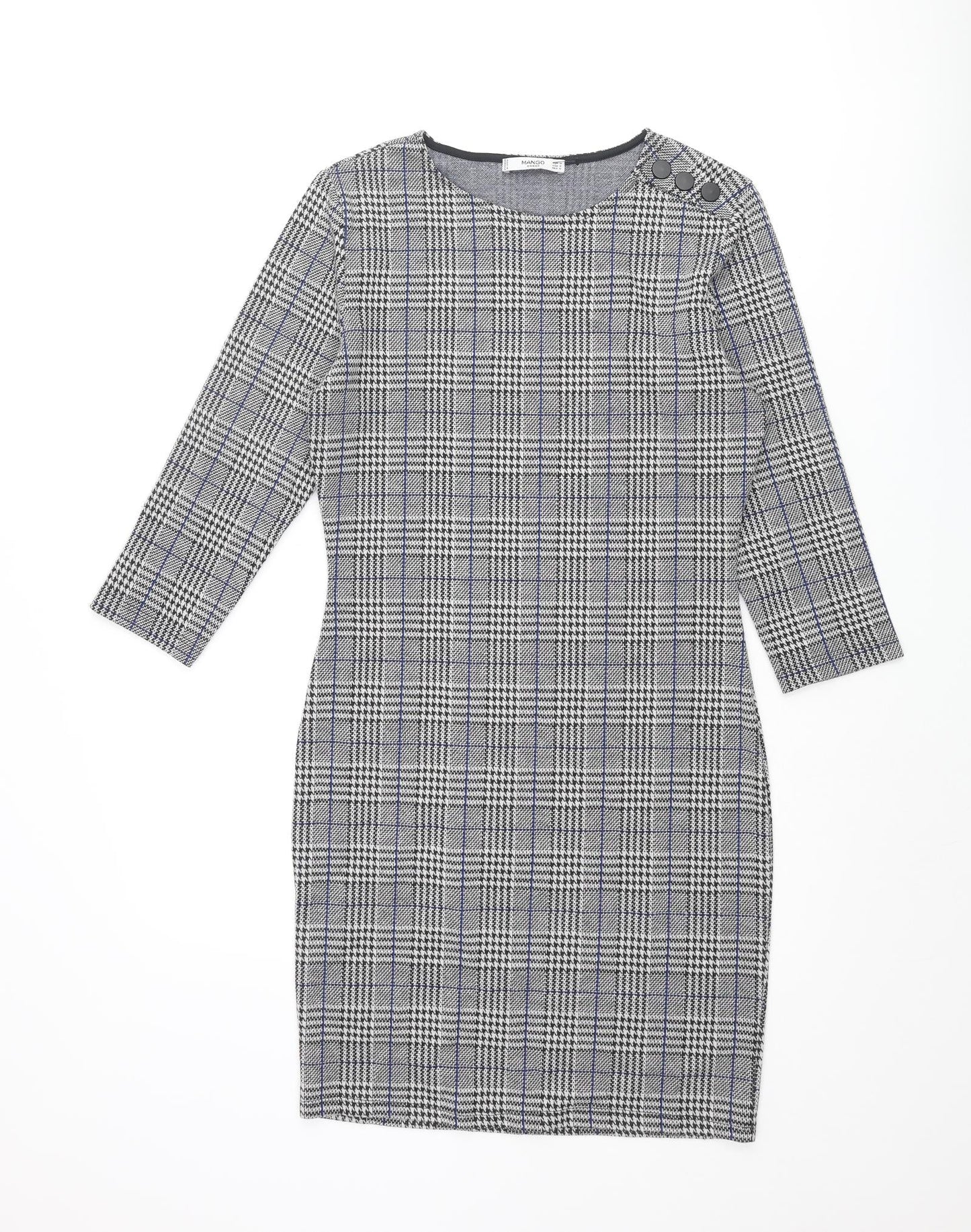Mango Womens Black Check Polyester Bodycon Size M Round Neck Pullover - Button Detail
