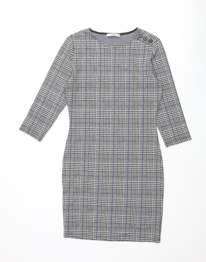 Mango Womens Black Check Polyester Bodycon Size M Round Neck Pullover - Button Detail