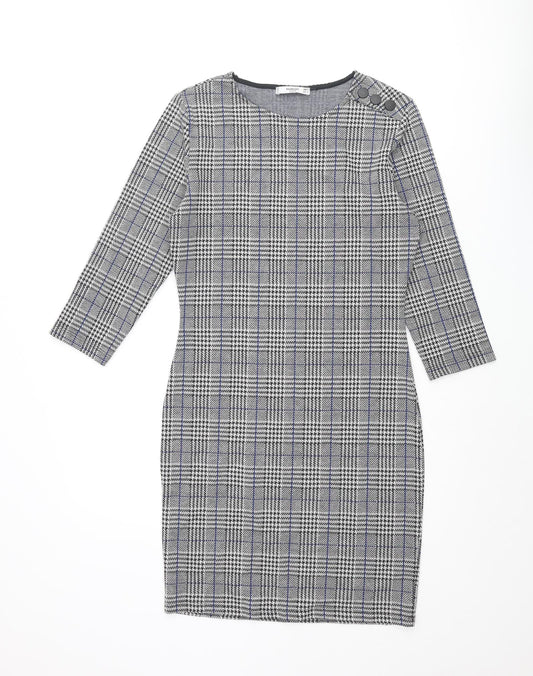 Mango Womens Black Check Polyester Bodycon Size M Round Neck Pullover - Button Detail