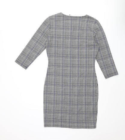 Mango Womens Black Check Polyester Bodycon Size M Round Neck Pullover - Button Detail