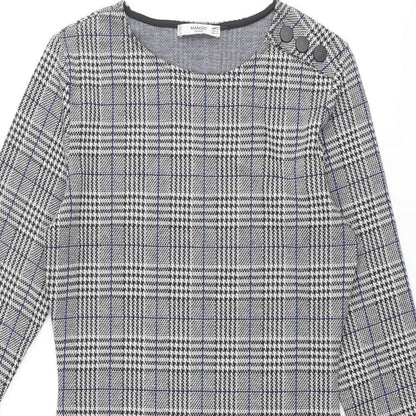 Mango Womens Black Check Polyester Bodycon Size M Round Neck Pullover - Button Detail