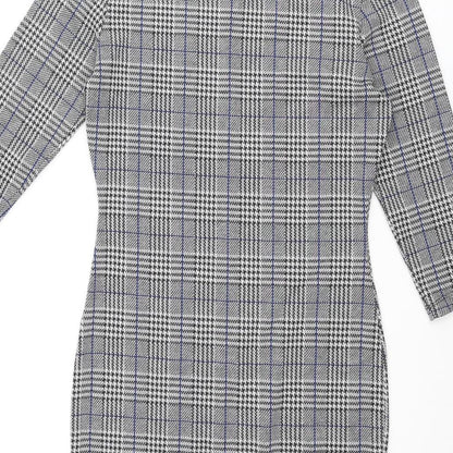 Mango Womens Black Check Polyester Bodycon Size M Round Neck Pullover - Button Detail