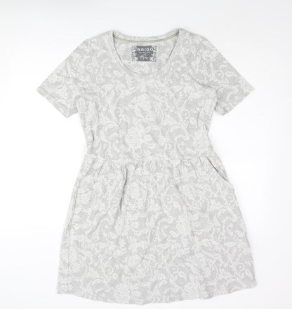 Indigo Womens Grey Floral Cotton A-Line Size 14 Round Neck Pullover