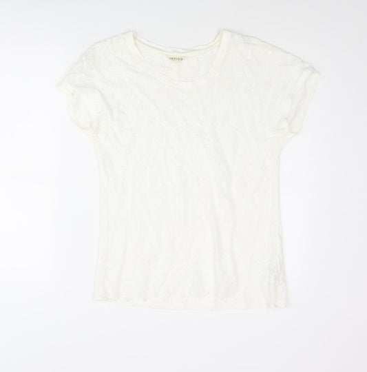 Indigo Womens Ivory Cotton Basic Blouse Size 10 Round Neck - Lace Front