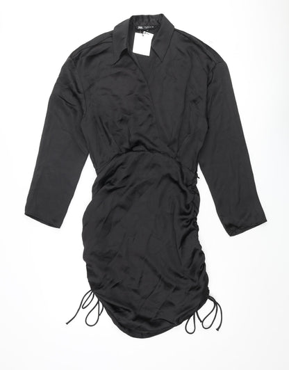Zara Womens Black Polyester Shirt Dress Size M Collared Zip - Drawstring Hem