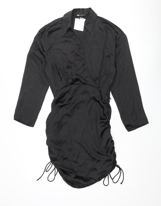 Zara Womens Black Polyester Shirt Dress Size M Collared Zip - Drawstring Hem