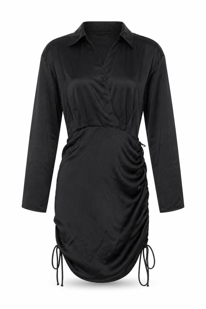 Zara Womens Black Polyester Shirt Dress Size M Collared Zip - Drawstring Hem