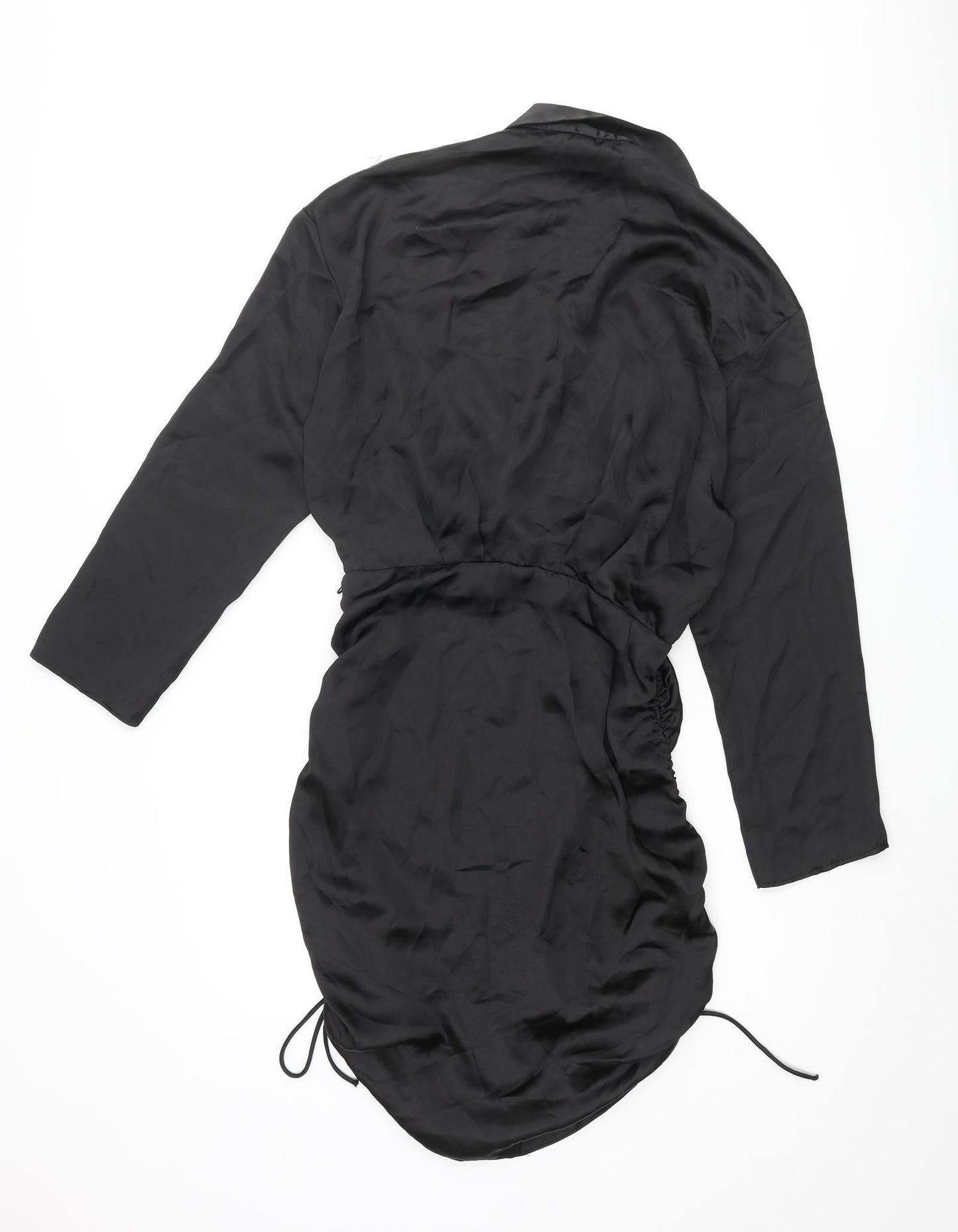 Zara Womens Black Polyester Shirt Dress Size M Collared Zip - Drawstring Hem