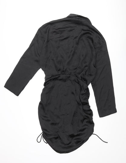 Zara Womens Black Polyester Shirt Dress Size M Collared Zip - Drawstring Hem