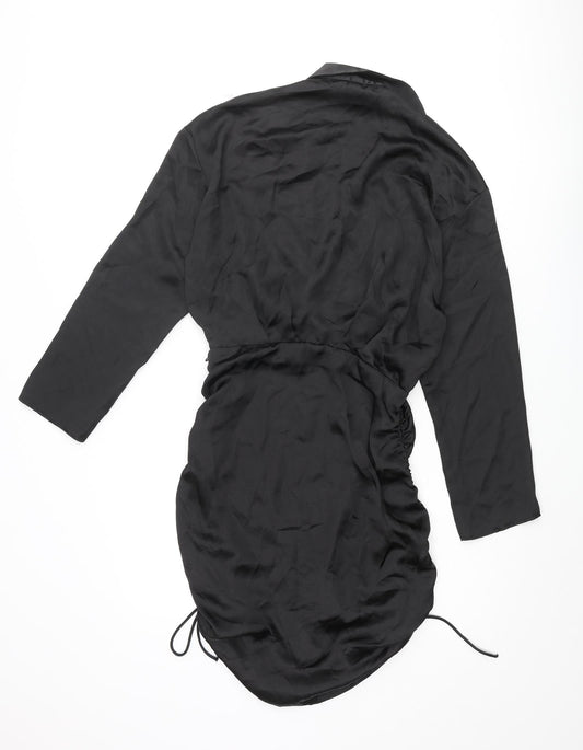 Zara Womens Black Polyester Shirt Dress Size M Collared Zip - Drawstring Hem