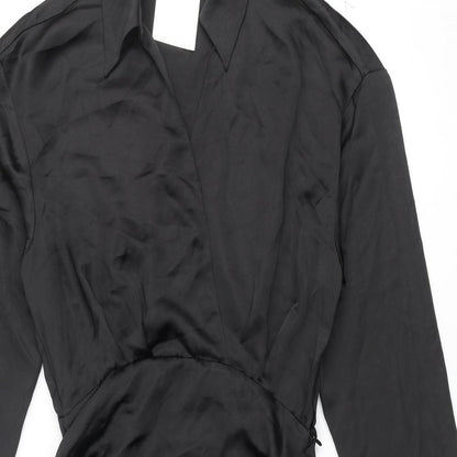 Zara Womens Black Polyester Shirt Dress Size M Collared Zip - Drawstring Hem