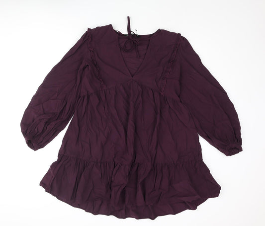 Zara Womens Purple Viscose A-Line Size M V-Neck Tie - Smocked Frill