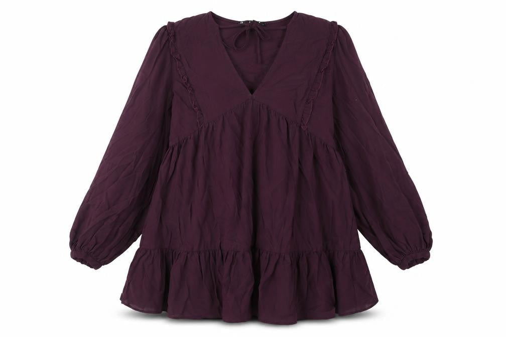 Zara Womens Purple Viscose A-Line Size M V-Neck Tie - Smocked Frill