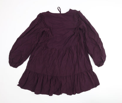 Zara Womens Purple Viscose A-Line Size M V-Neck Tie - Smocked Frill