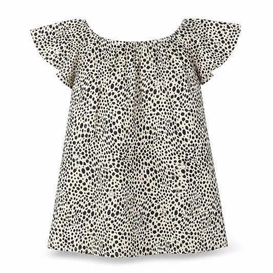 Front view of ASOS women’s yellow animal print polyester a-line, size UK 14, boat neck pullover - smocked cheetah print