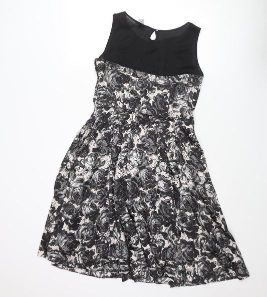 H&M Womens Black Floral Polyester Fit & Flare Size 12 Round Neck Zip - Pleated