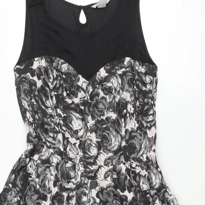 H&M Womens Black Floral Polyester Fit & Flare Size 12 Round Neck Zip - Pleated