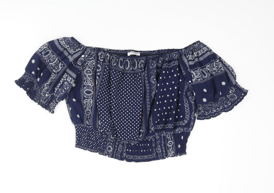 Glamorous Womens Blue Paisley Polyester Cropped Blouse Size S Off the Shoulder - Rouched