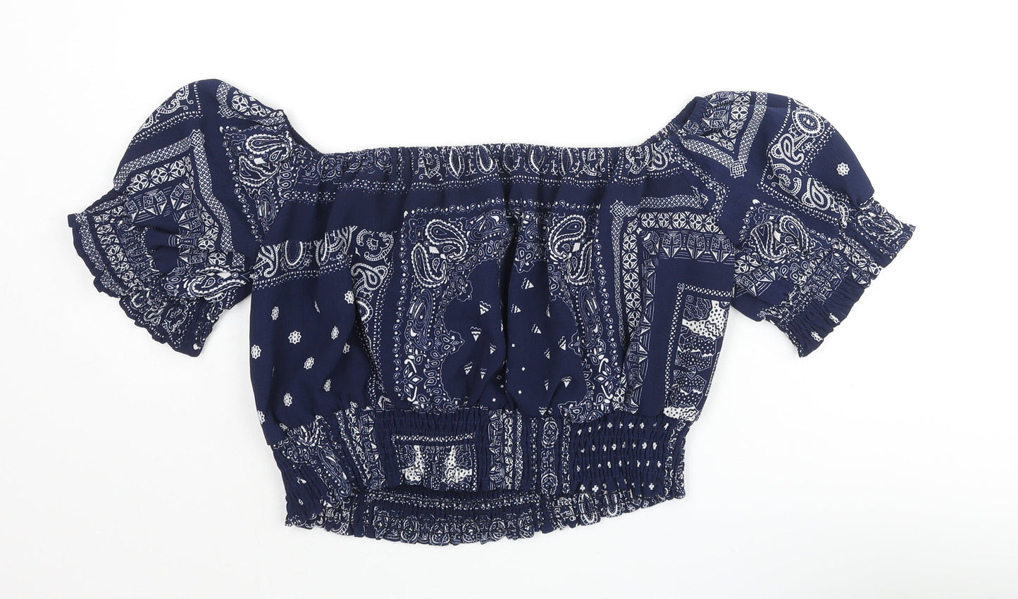 Glamorous Womens Blue Paisley Polyester Cropped Blouse Size S Off the Shoulder - Rouched