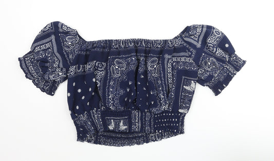 Glamorous Womens Blue Paisley Polyester Cropped Blouse Size S Off the Shoulder - Rouched