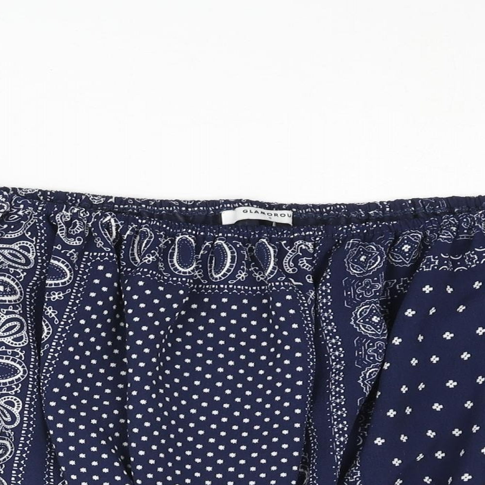 Glamorous Womens Blue Paisley Polyester Cropped Blouse Size S Off the Shoulder - Rouched