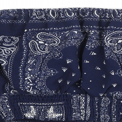 Glamorous Womens Blue Paisley Polyester Cropped Blouse Size S Off the Shoulder - Rouched