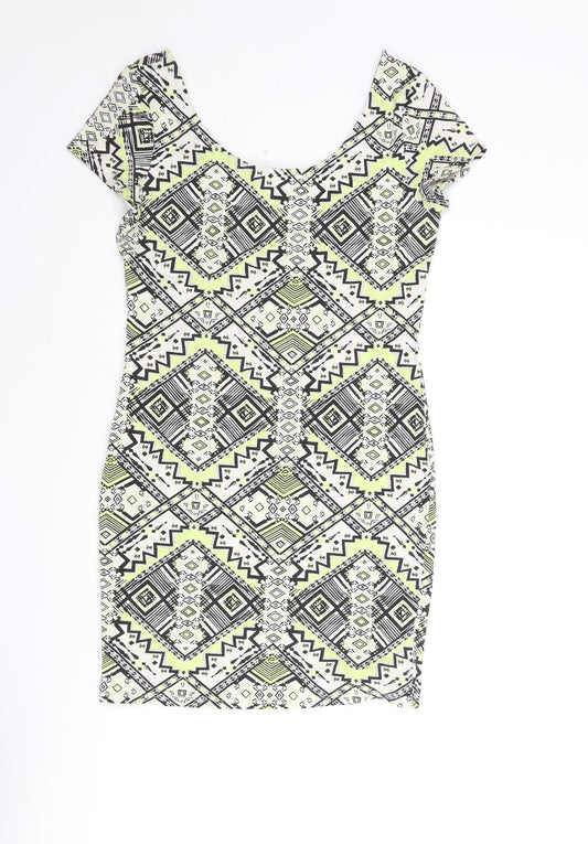 New Look Womens Multicoloured Geometric Cotton Bodycon Size 14 Scoop Neck Pullover