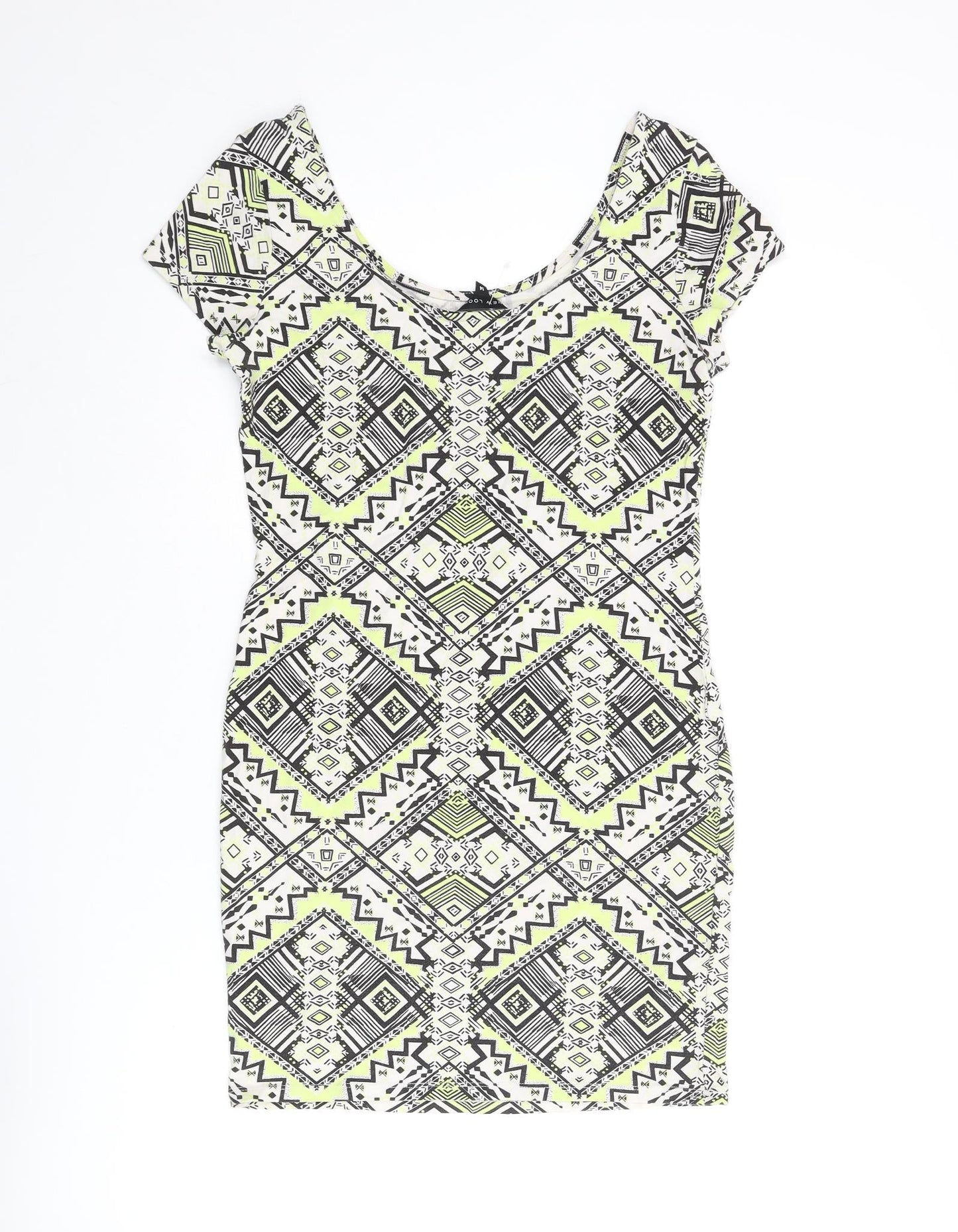 New Look Womens Multicoloured Geometric Cotton Bodycon Size 14 Scoop Neck Pullover