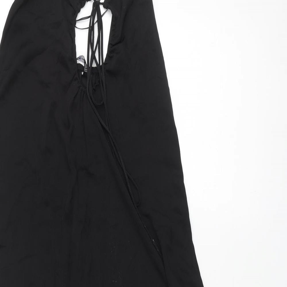 Stradivarius Womens Black Polyester Slip Dress Size XS Sweetheart Tie - Keyhole Drawstring Front
