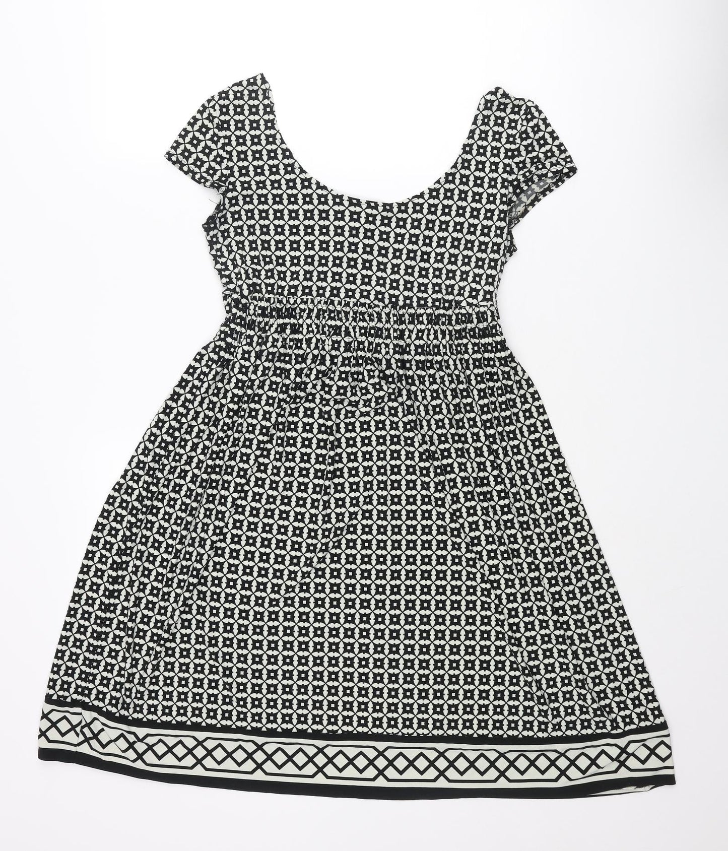 NEXT Womens Black Geometric Polyester A-Line Size 8 Scoop Neck Pullover