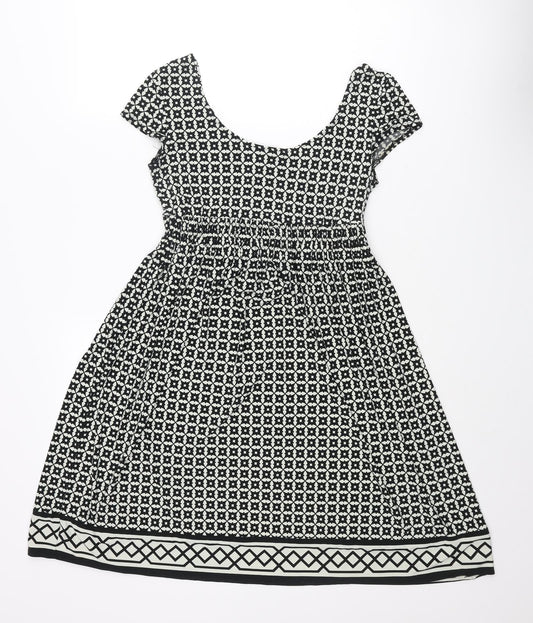 NEXT Womens Black Geometric Polyester A-Line Size 8 Scoop Neck Pullover