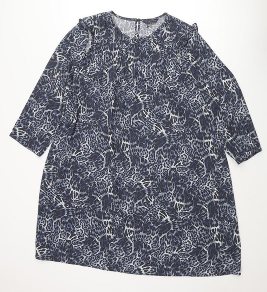 Marks and Spencer Womens Blue Animal Print Polyester Shift Size 18 Round Neck Button - Pleated Front Frill Leopard Print