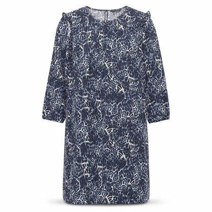 Marks and Spencer Womens Blue Animal Print Polyester Shift Size 18 Round Neck Button - Pleated Front Frill Leopard Print