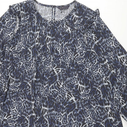 Marks and Spencer Womens Blue Animal Print Polyester Shift Size 18 Round Neck Button - Pleated Front Frill Leopard Print