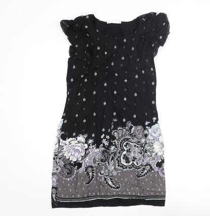 Oasis Womens Black Geometric Cotton Shift Size 10 Round Neck Pullover - Floral Paisley Print Frill