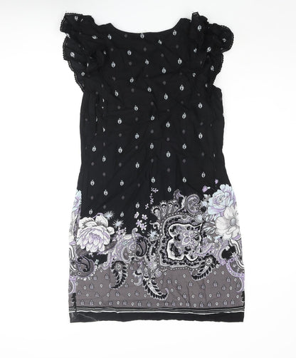 Oasis Womens Black Geometric Cotton Shift Size 10 Round Neck Pullover - Floral Paisley Print Frill