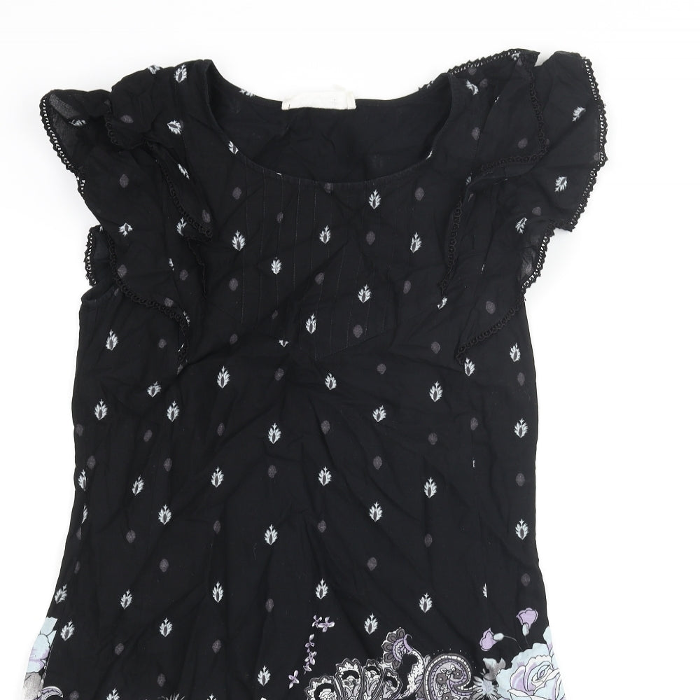 Oasis Womens Black Geometric Cotton Shift Size 10 Round Neck Pullover - Floral Paisley Print Frill