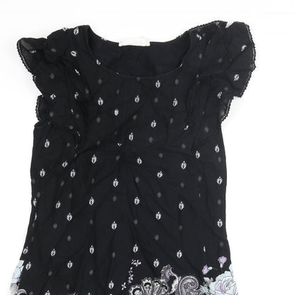 Oasis Womens Black Geometric Cotton Shift Size 10 Round Neck Pullover - Floral Paisley Print Frill