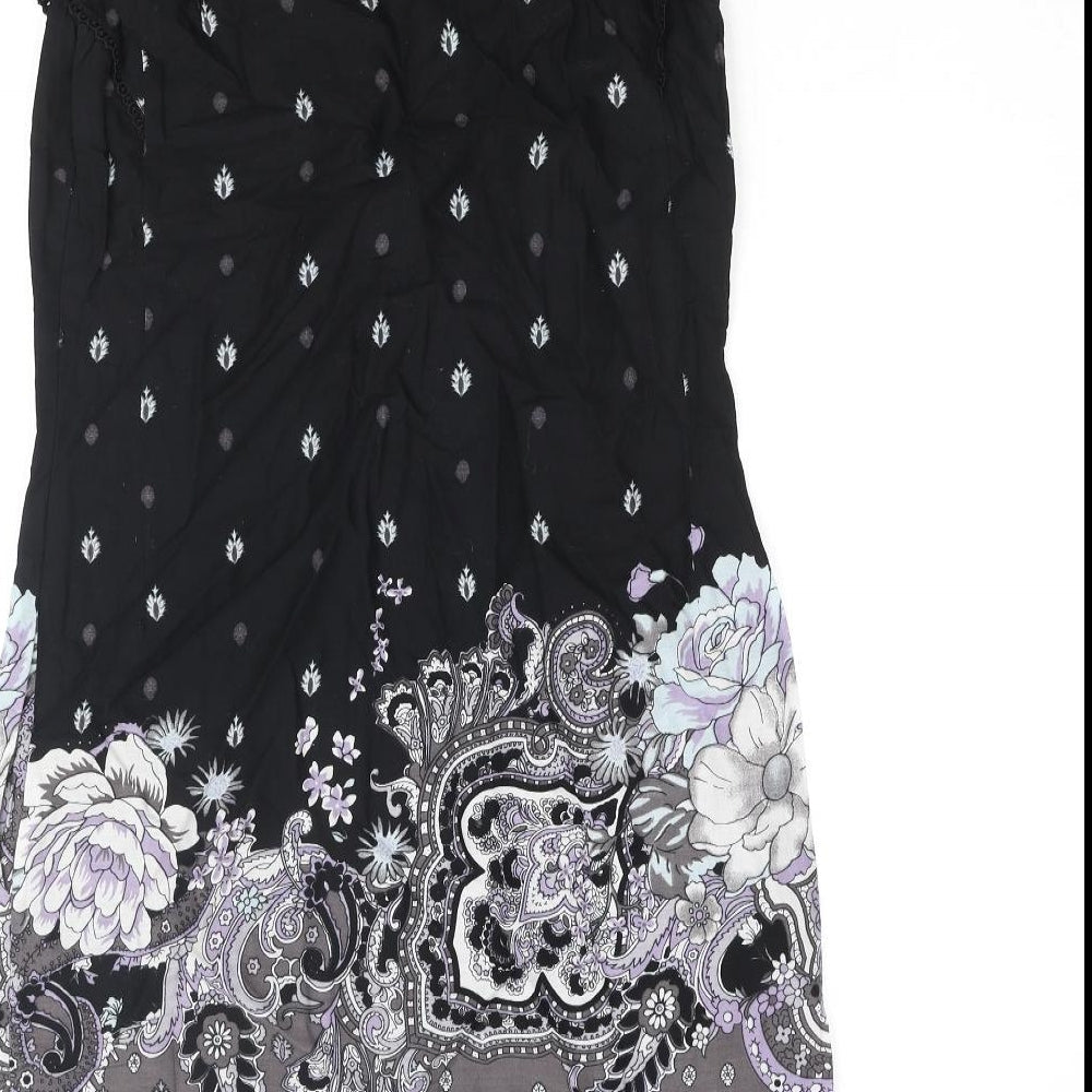 Oasis Womens Black Geometric Cotton Shift Size 10 Round Neck Pullover - Floral Paisley Print Frill