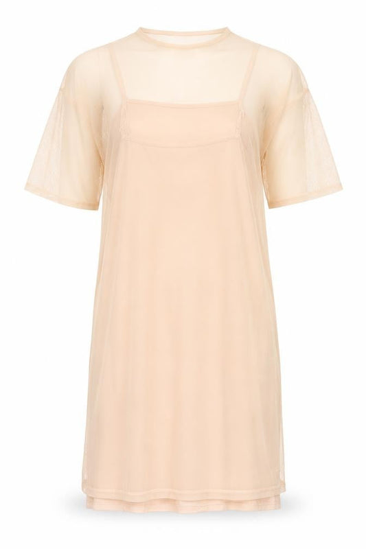 Front view of ASOS women’s beige polyester mini, size UK 10, round neck pullover