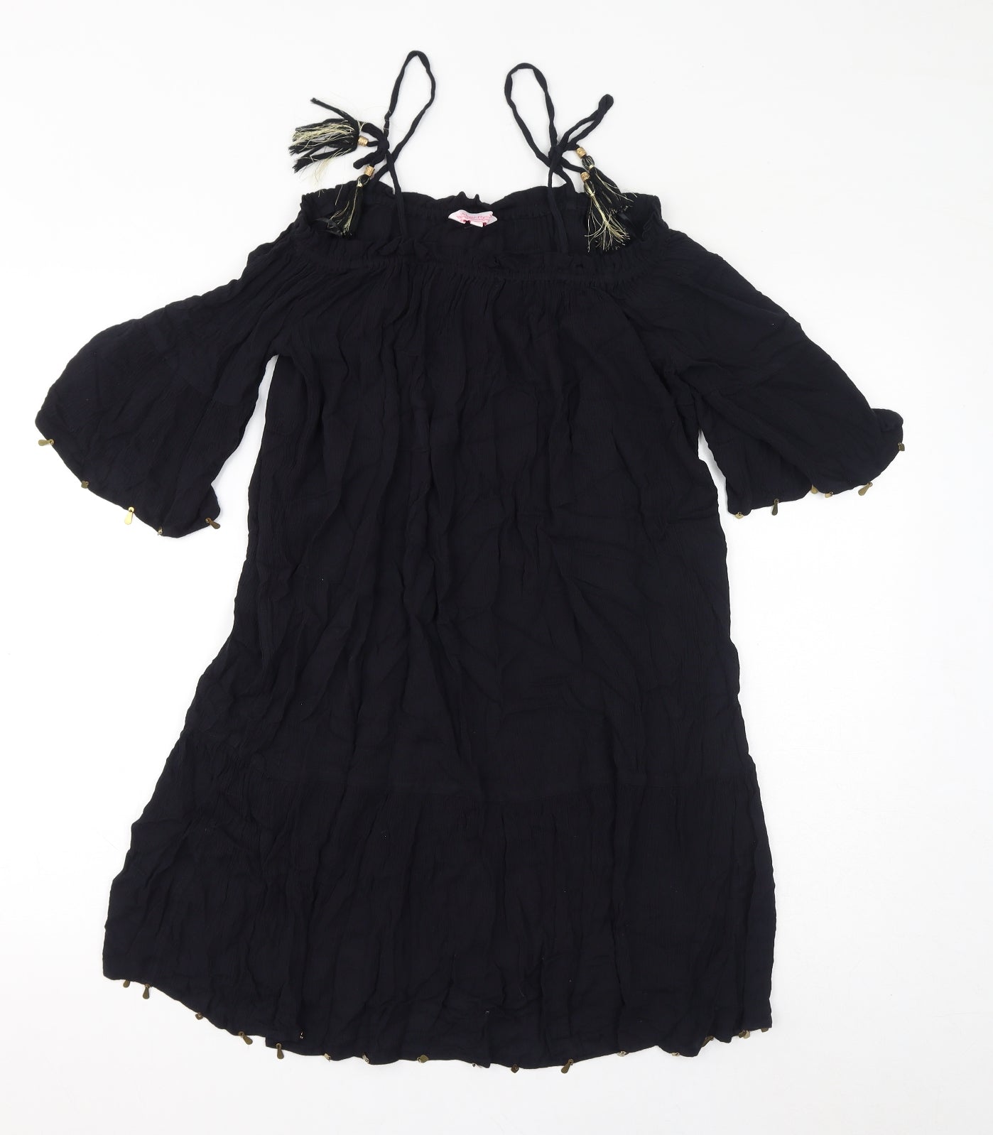 Butterfly Womens Black Viscose A-Line Size 12 Square Neck Pullover - Cold Shoulder Tassels