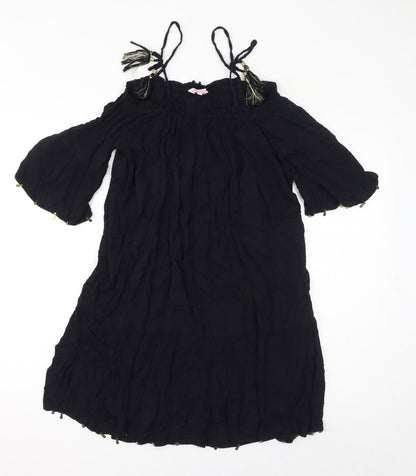 Butterfly Womens Black Viscose A-Line Size 12 Square Neck Pullover - Cold Shoulder Tassels