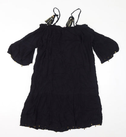 Butterfly Womens Black Viscose A-Line Size 12 Square Neck Pullover - Cold Shoulder Tassels