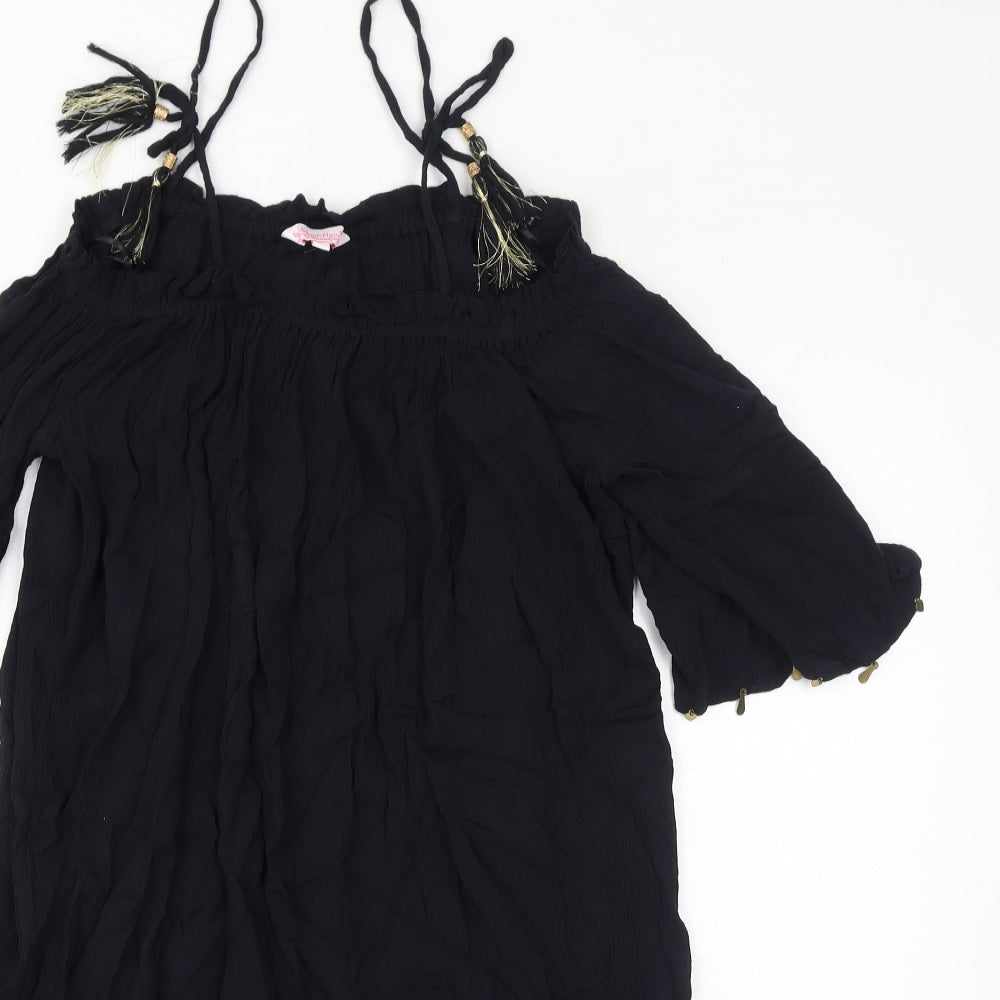 Butterfly Womens Black Viscose A-Line Size 12 Square Neck Pullover - Cold Shoulder Tassels