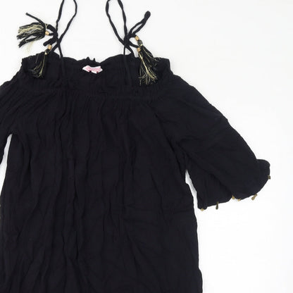 Butterfly Womens Black Viscose A-Line Size 12 Square Neck Pullover - Cold Shoulder Tassels