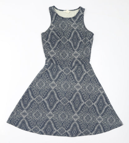 H&M Womens Blue Geometric Polyester Fit & Flare Size XS Round Neck Pullover
