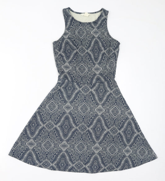 H&M Womens Blue Geometric Polyester Fit & Flare Size XS Round Neck Pullover